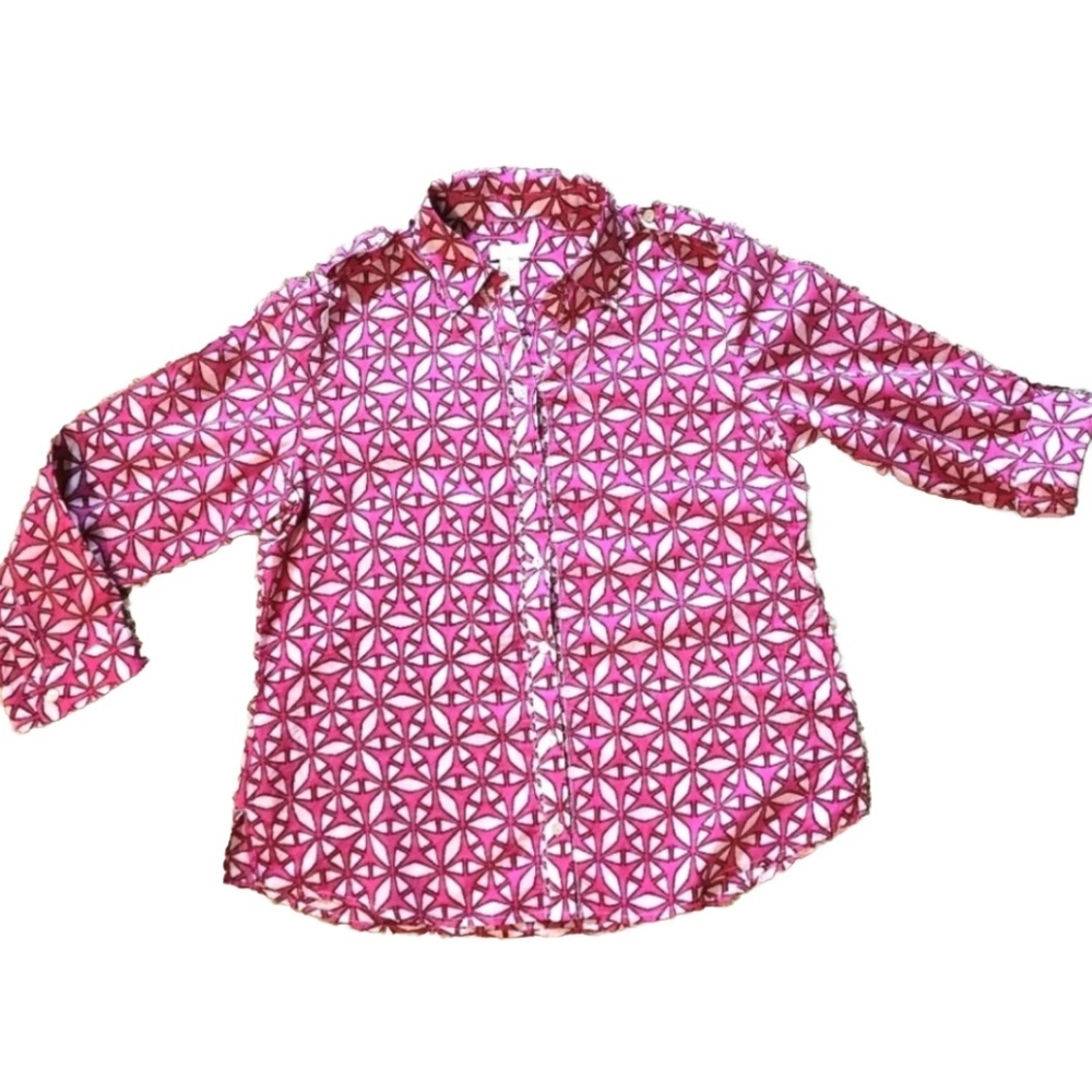 Chico's Cotton Button-Down Shirt w/Roll Tab Sleeves Size 14 Drk Pink Wht Maroon